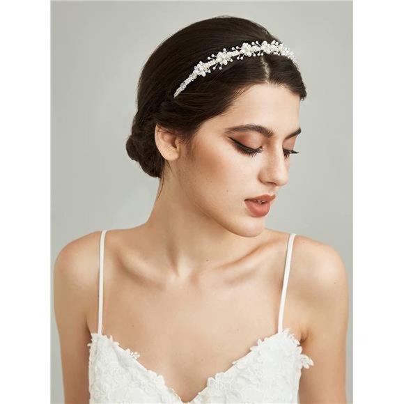 SWEETV Silver Bridal Headband Crystal Tiara for Women Pearl Wedding Headpieces